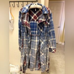 Free People Plaid Blue and Red Long Duster Trench Coat